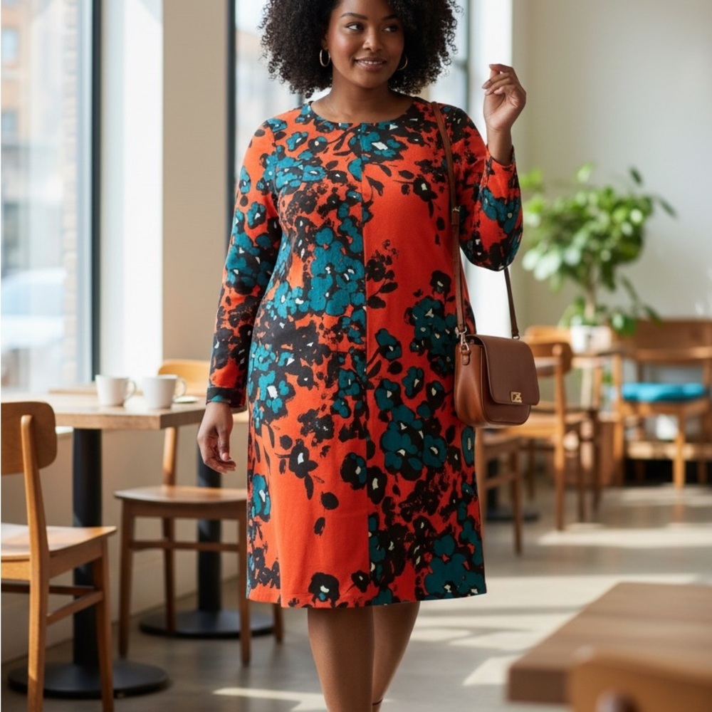 Petite L -Floral Long Sleeve Dress - Orange and Blue by The Limited